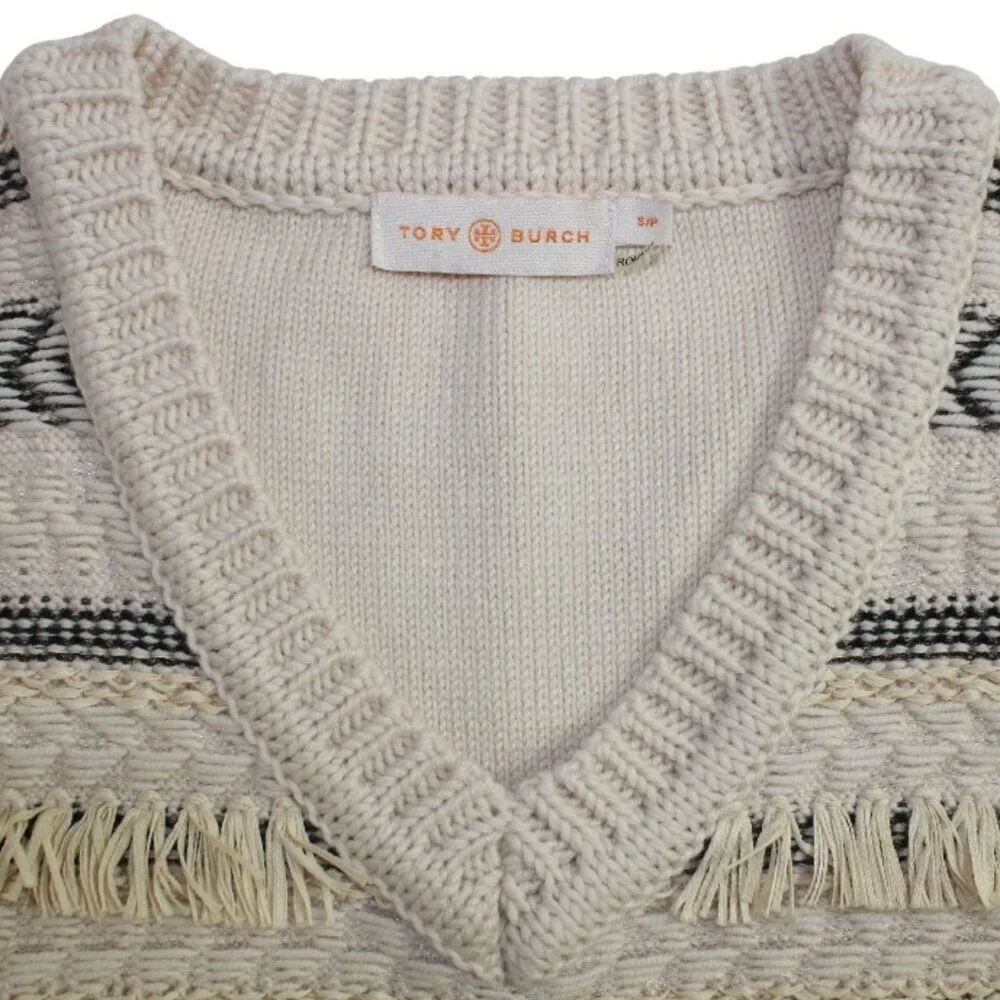 Tory Burch Cream Tiered Fringe Striped Jacquard V-Neck Cable Knit Sweater Vest